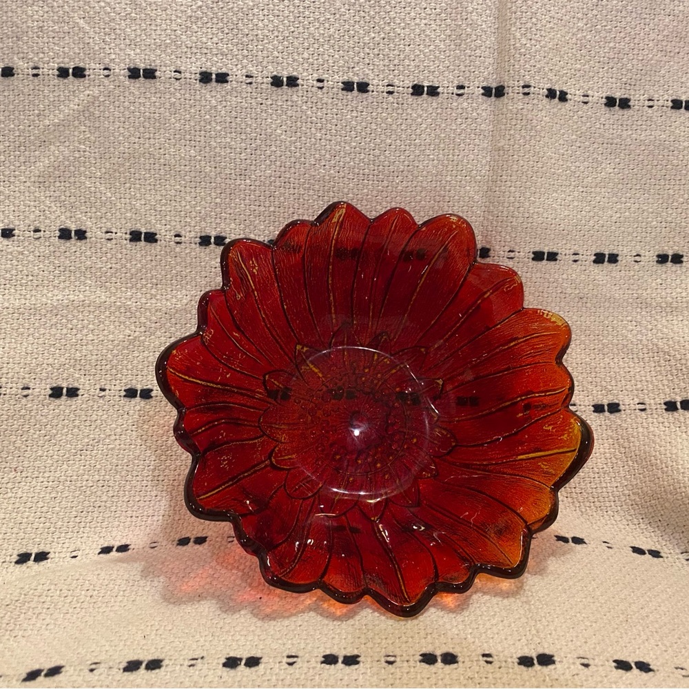 carnival glass-petal shaped-ruby colored bowl